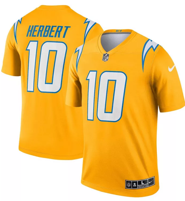 Men Los Angeles Chargers #10 Justin Herbert Gold-Tone Inverted Legend Nike NFL 2025 Jersey